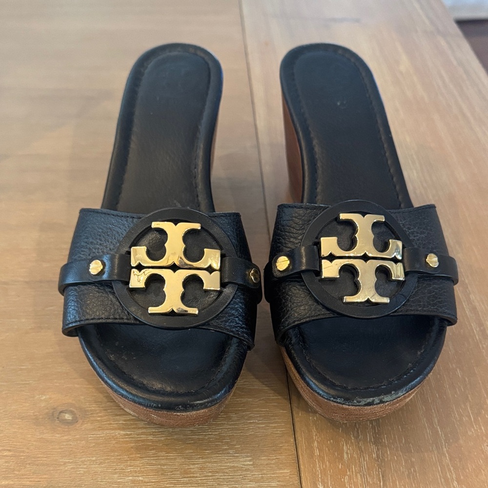 Tory Burch Black Slides with Gold Logo